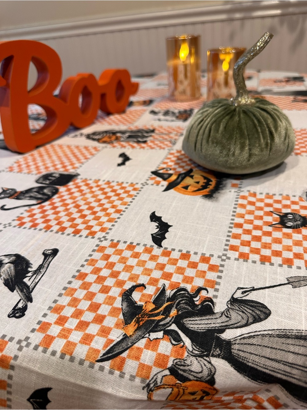 Vintage-Inspired Halloween Checker Tablecloth in Orange and White, Rachel Zoe